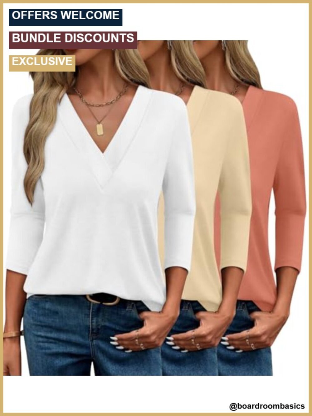 3 Pack 3/4 Sleeve V Neck Tops Loose Blouses for Layering